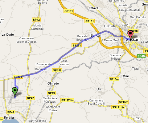 Mappa del percorso dall'Aeroporto di Alghero