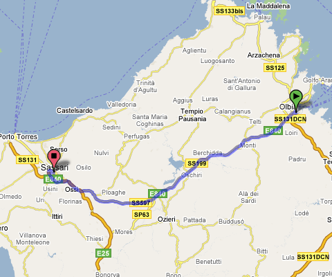 Mappa del percorso dall'Aeroporto di Olbia